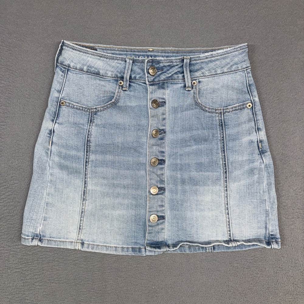American Eagle Skirt Womens 6 Blue Hi Rise A-Line Button Front Distressed Denim